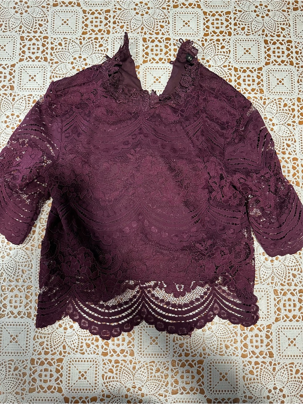 Revamped Plum Lace Crochet Top Small Boho Festival Scalloped Hem